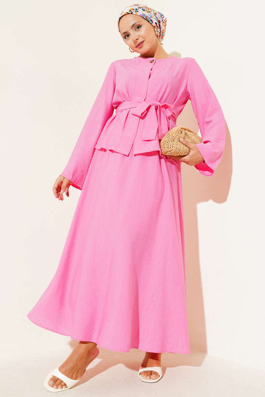 طقم تنورة من قطعتين مع حزام، لون فوشيا