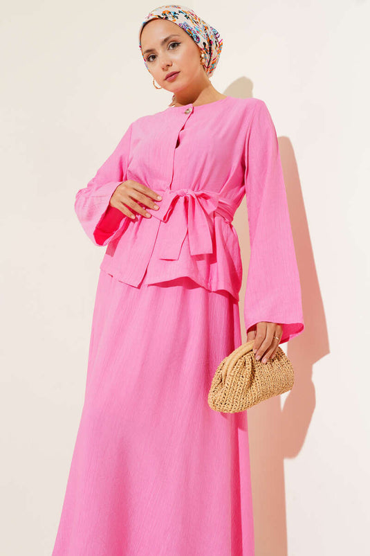 طقم تنورة من قطعتين مع حزام، لون فوشيا