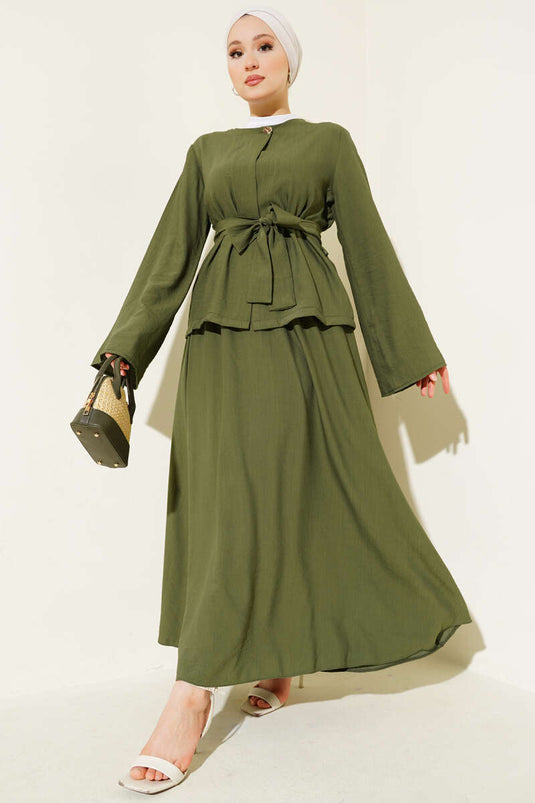 Belden Bağlamalı Etekli İkili Takım Haki