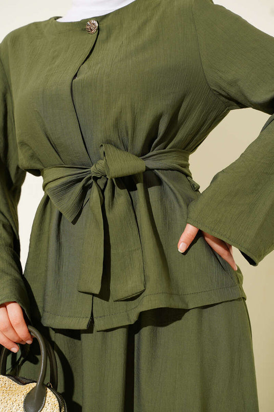 Belden Bağlamalı Etekli İkili Takım Haki