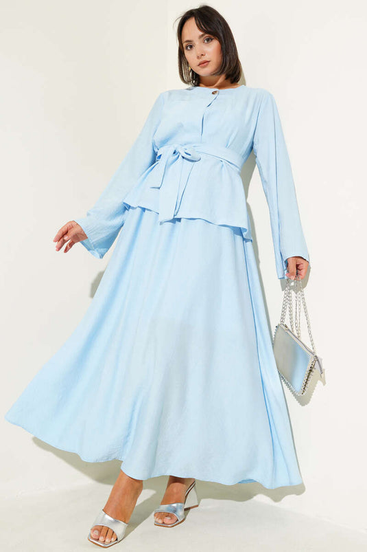 Belden Bağlamalı Etekli İkili Takım Mavi