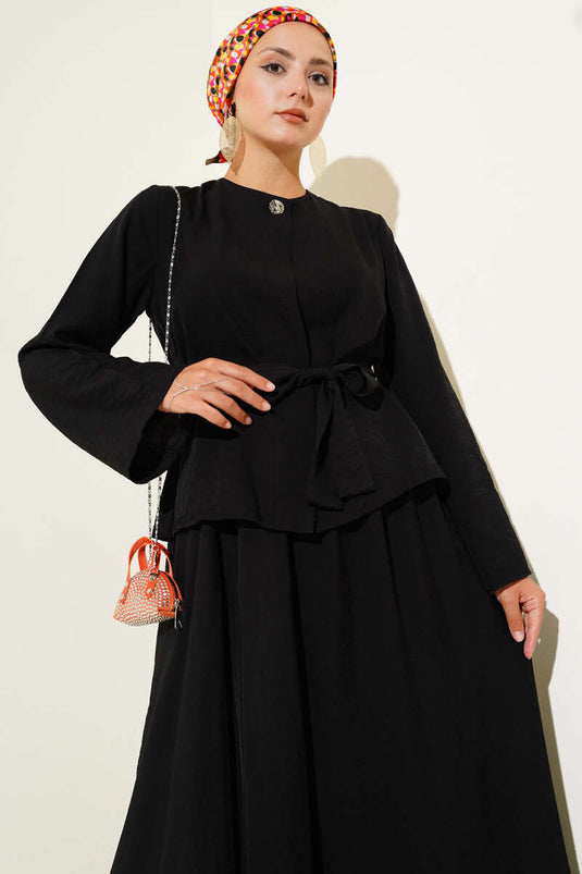 Belden Bağlamalı Etekli İkili Takım Siyah