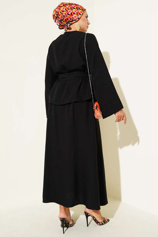 Belden Bağlamalı Etekli İkili Takım Siyah