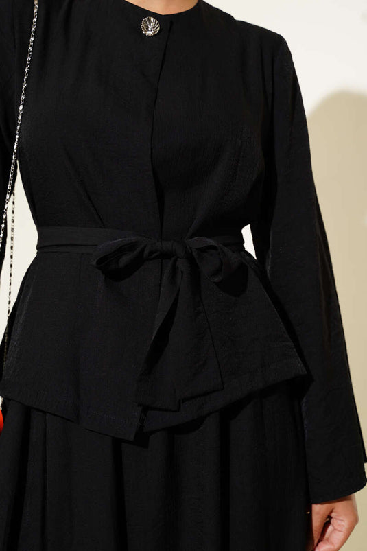 Belden Bağlamalı Etekli İkili Takım Siyah