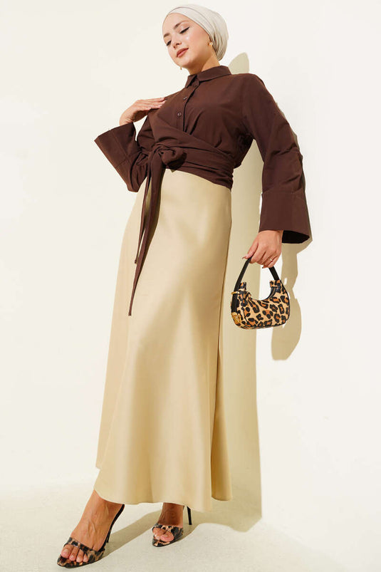 Belden Bağlamalı Kısa Gömlek Kahve