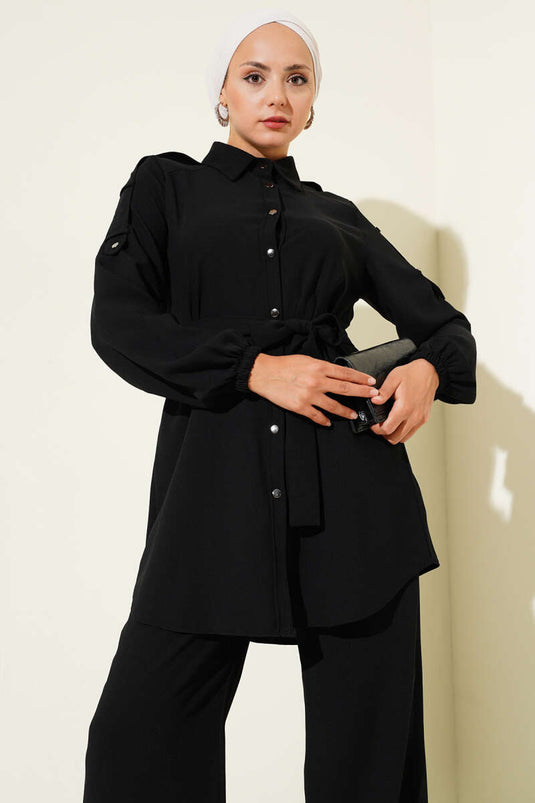 Belden Bağlamalı Omuz Düğmeli İkili Takım Siyah