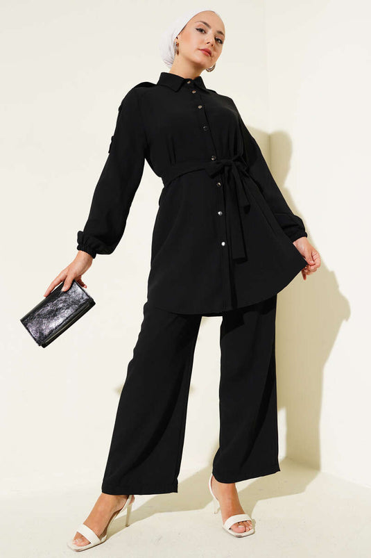 Belden Bağlamalı Omuz Düğmeli İkili Takım Siyah