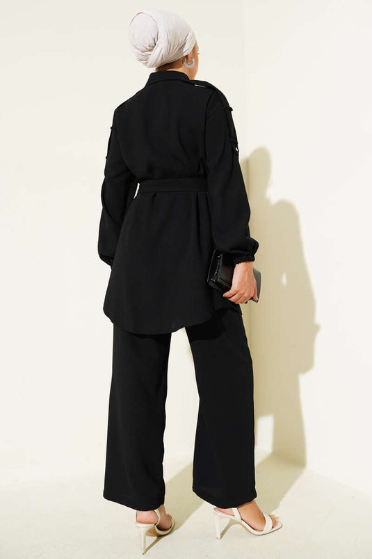 Belden Bağlamalı Omuz Düğmeli İkili Takım Siyah