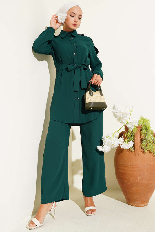 Belden Bağlamalı Omuz Düğmeli İkili Takım Zümrüt