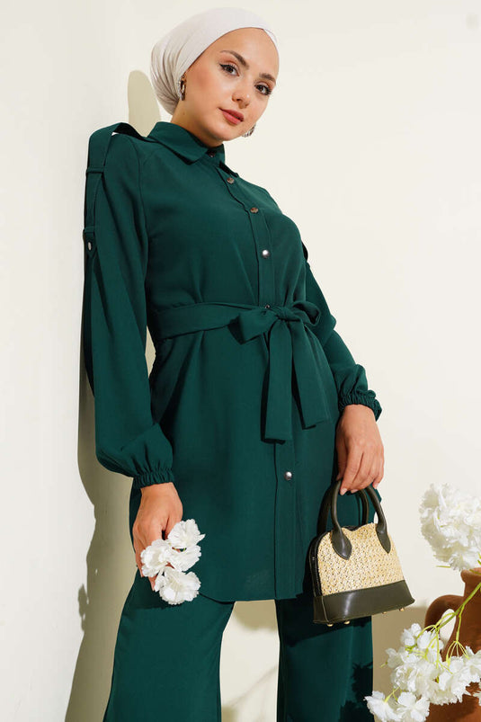 Belden Bağlamalı Omuz Düğmeli İkili Takım Zümrüt