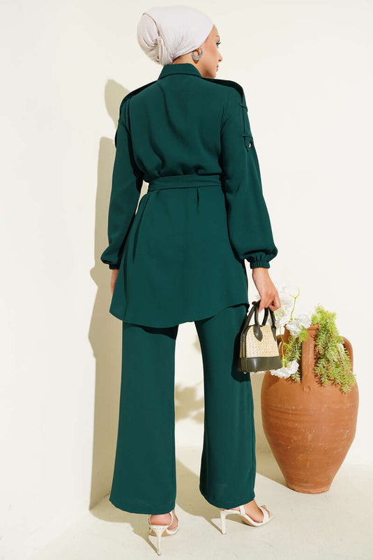 Belden Bağlamalı Omuz Düğmeli İkili Takım Zümrüt