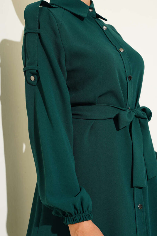 Belden Bağlamalı Omuz Düğmeli İkili Takım Zümrüt