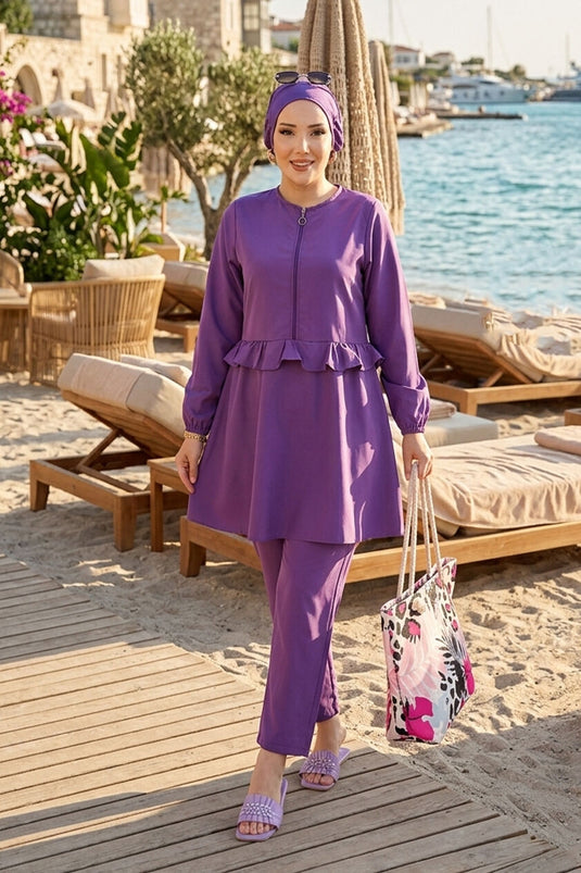 Belden Ruffled Front Zipper Detailed Three-Piece Swimsuit Set Lilac