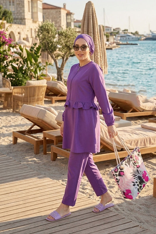 Belden Ruffled Front Zipper Detailed Three-Piece Swimsuit Set Lilac