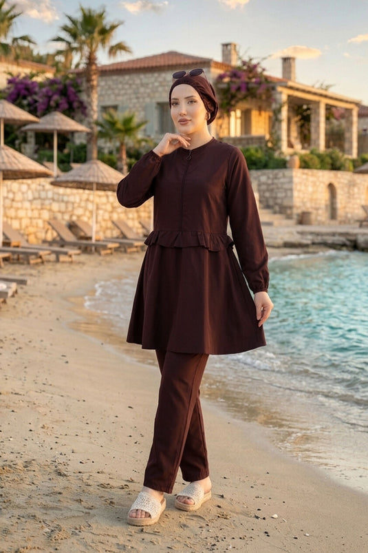 Ensemble de maillots de bain trois pièces Belden avec volants et fermeture éclair à l'avant, couleur prune