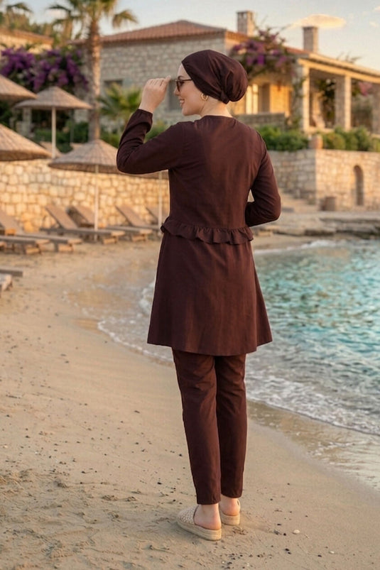 Ensemble de maillots de bain trois pièces Belden avec volants et fermeture éclair à l'avant, couleur prune