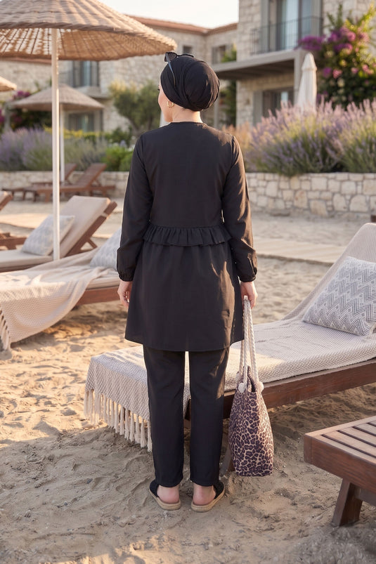 Ensemble de maillots de bain trois pièces Belden avec volants et fermeture éclair à l'avant, noir