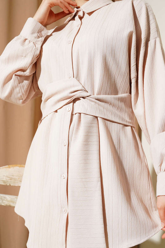 Belden Kuşak Bağlamalı Gömlek Bej