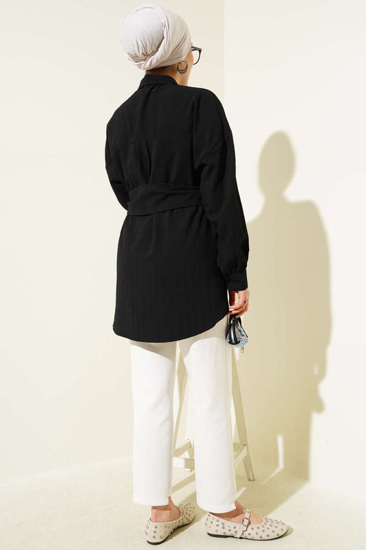 Belden Kuşak Bağlamalı Gömlek Siyah