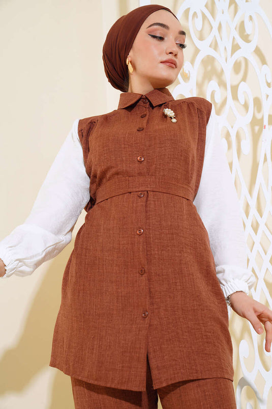 Costume Double Garni Ceinturé à La Taille Marron