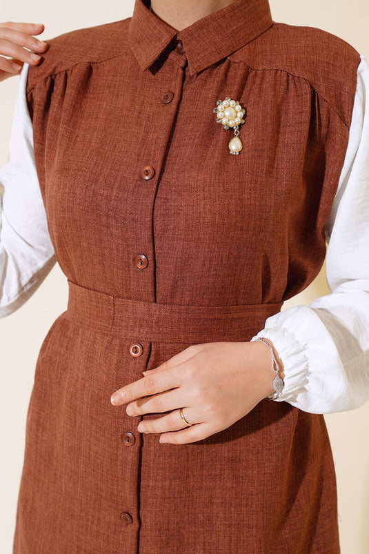 Costume Double Garni Ceinturé à La Taille Marron