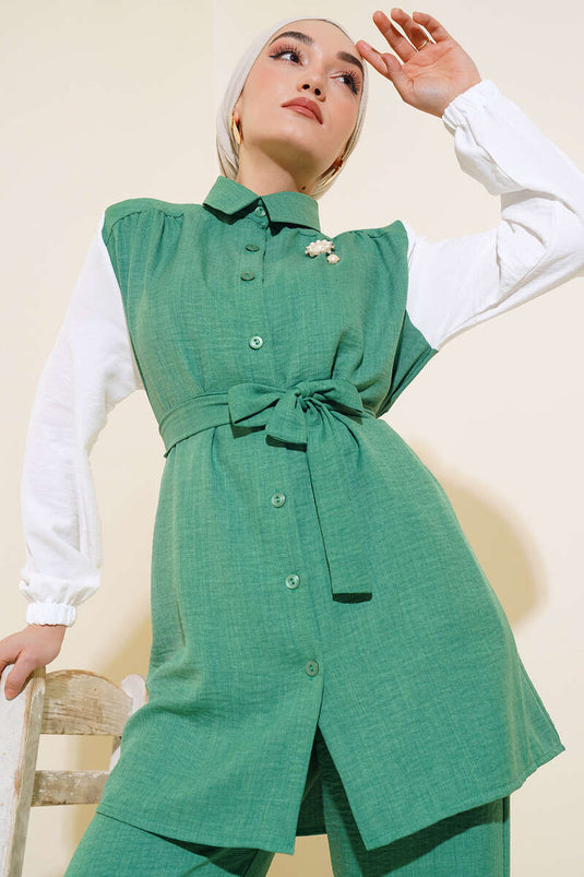 Costume Double Garni Ceinturé à La Taille Vert