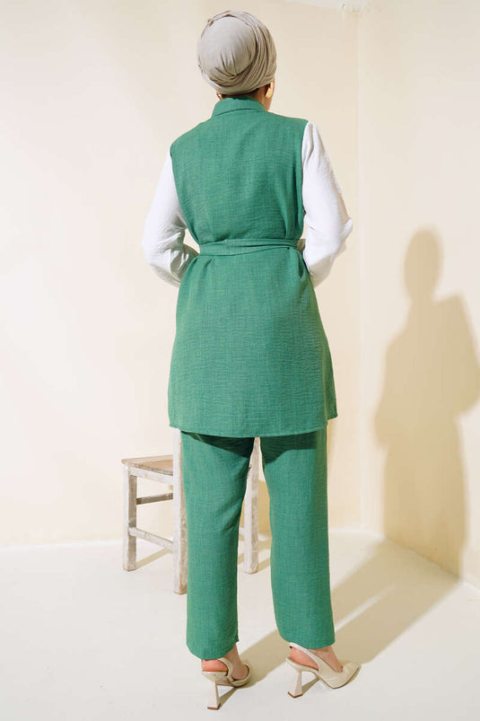 Costume Double Garni Ceinturé à La Taille Vert