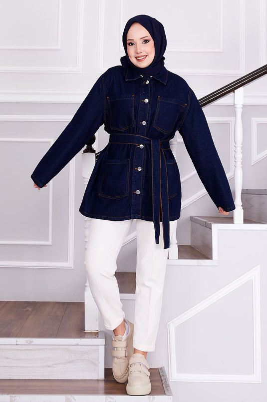 Veste en jean avec ceinture amovible à la taille bleu marine