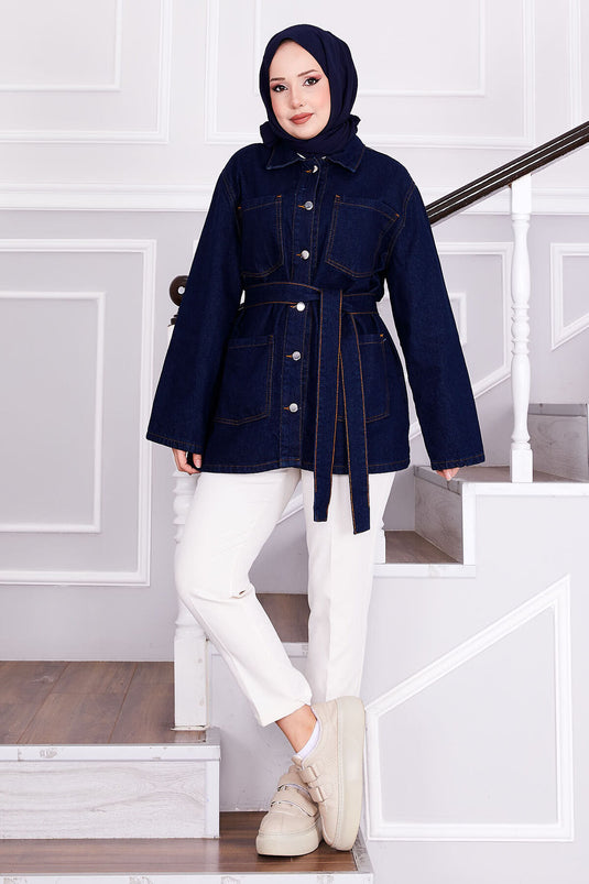 Veste en jean avec ceinture amovible à la taille bleu marine