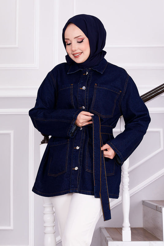 Veste en jean avec ceinture amovible à la taille bleu marine