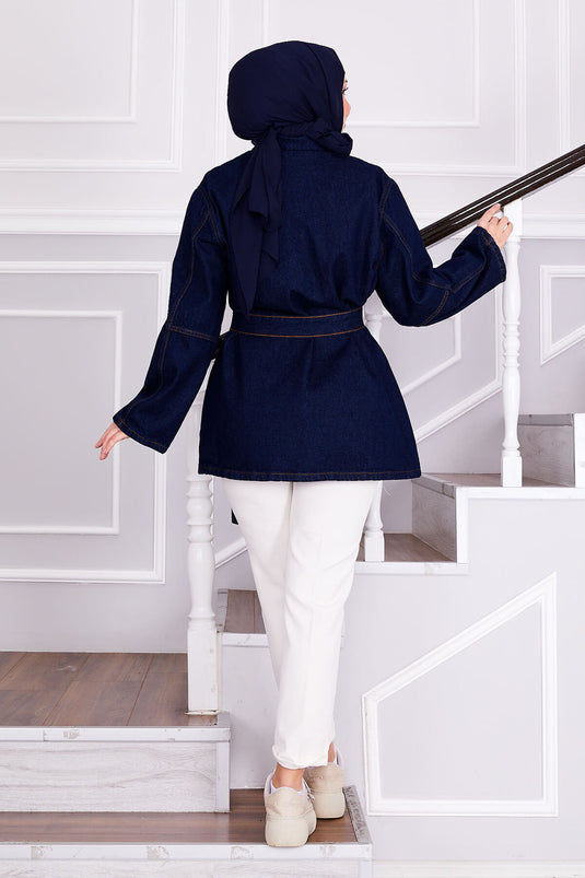 Veste en jean avec ceinture amovible à la taille bleu marine