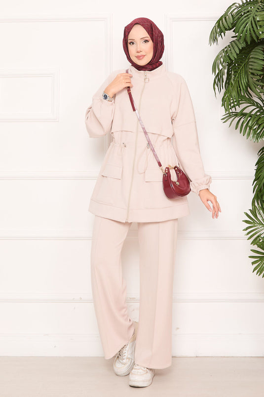 Adjustable Waist Pocket Detailed Hijab Two Piece Set Beige