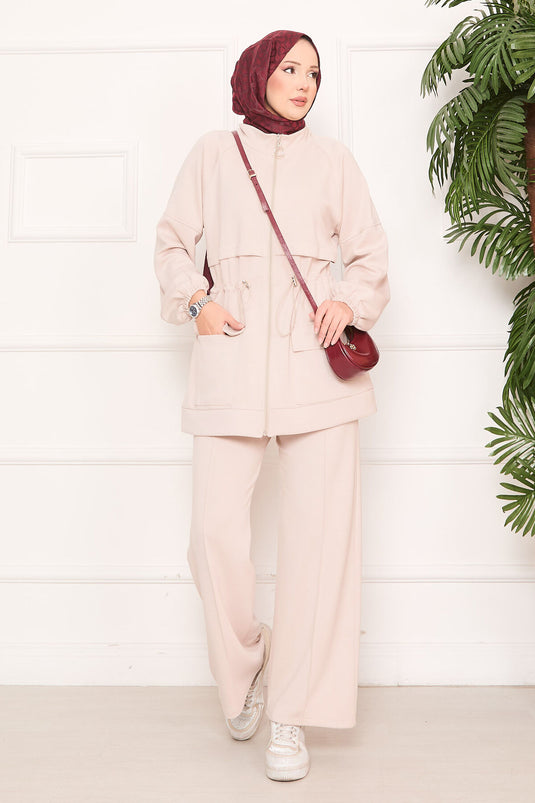 Adjustable Waist Pocket Detailed Hijab Two Piece Set Beige
