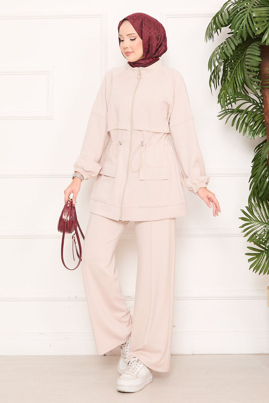 Adjustable Waist Pocket Detailed Hijab Two Piece Set Beige
