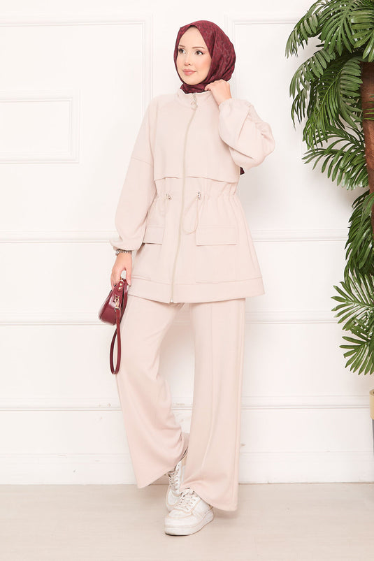 Adjustable Waist Pocket Detailed Hijab Two Piece Set Beige