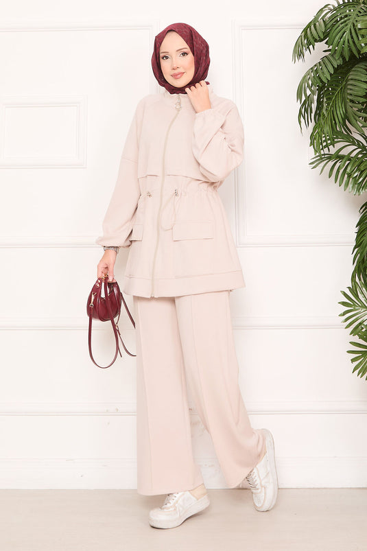 Adjustable Waist Pocket Detailed Hijab Two Piece Set Beige