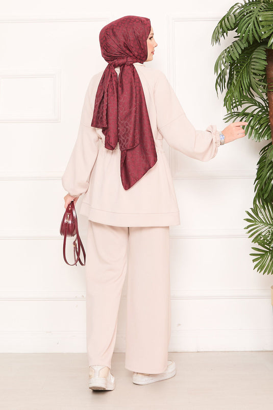 Adjustable Waist Pocket Detailed Hijab Two Piece Set Beige