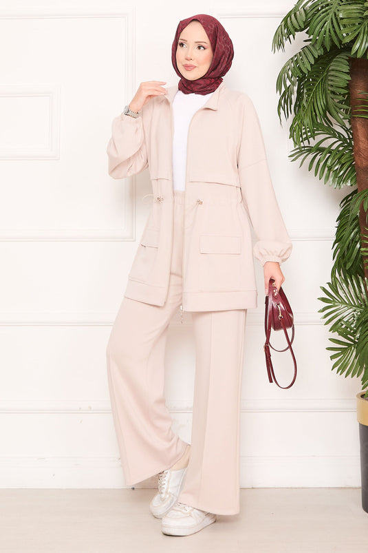Adjustable Waist Pocket Detailed Hijab Two Piece Set Beige