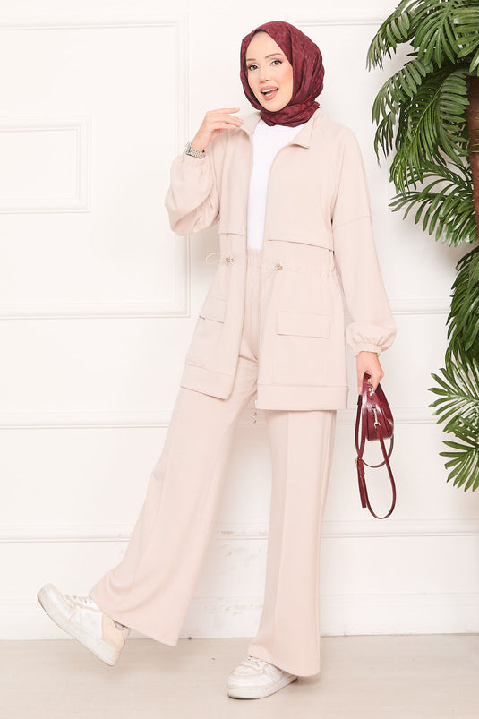 Adjustable Waist Pocket Detailed Hijab Two Piece Set Beige