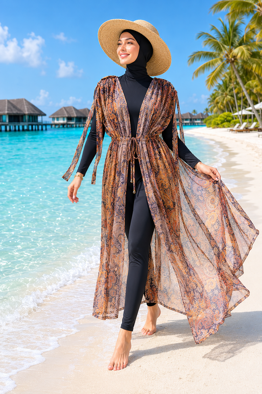 Acheter paréo long en chiffon à motifs réglable couleur tabac