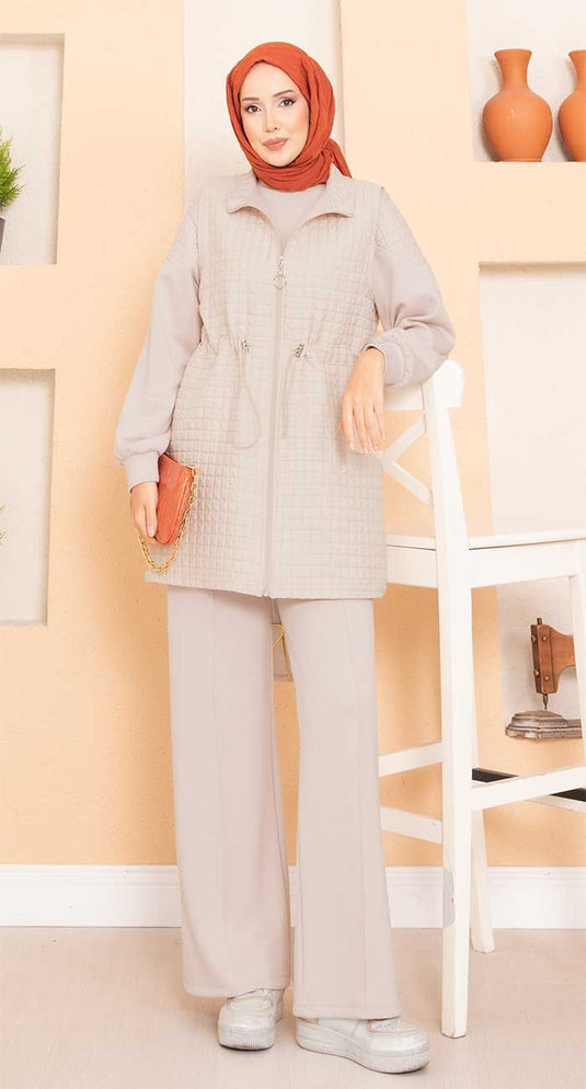 Three-Piece Hijab Set with Adjustable Waist Quilted Vest, Beige