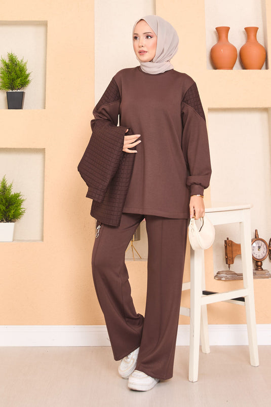 Gilet matelassé à taille ajustable, ensemble hijab trois pièces marron