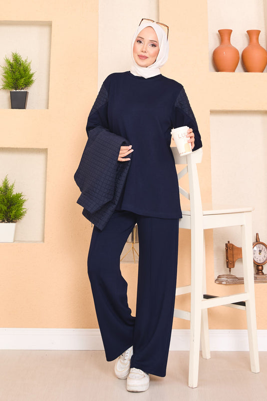 Beli Ayarlanabilir Kapitone Yelekli Üçlü Tesettür Takım Lacivert