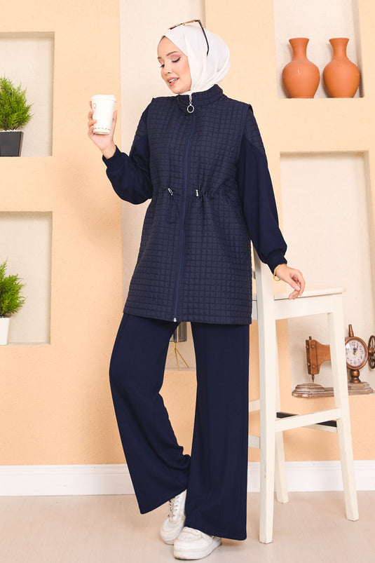 Beli Ayarlanabilir Kapitone Yelekli Üçlü Tesettür Takım Lacivert