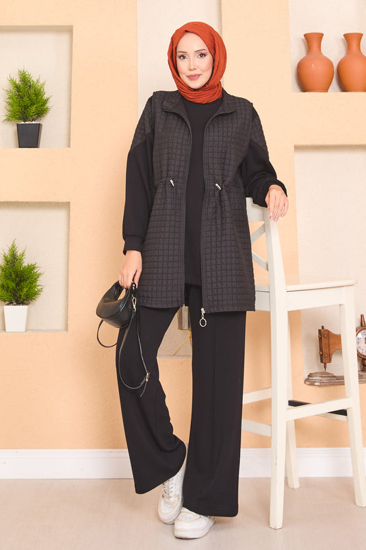 Beli Ayarlanabilir Kapitone Yelekli Üçlü Tesettür Takım Siyah