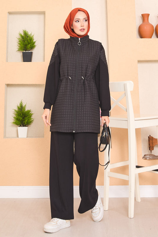 Beli Ayarlanabilir Kapitone Yelekli Üçlü Tesettür Takım Siyah