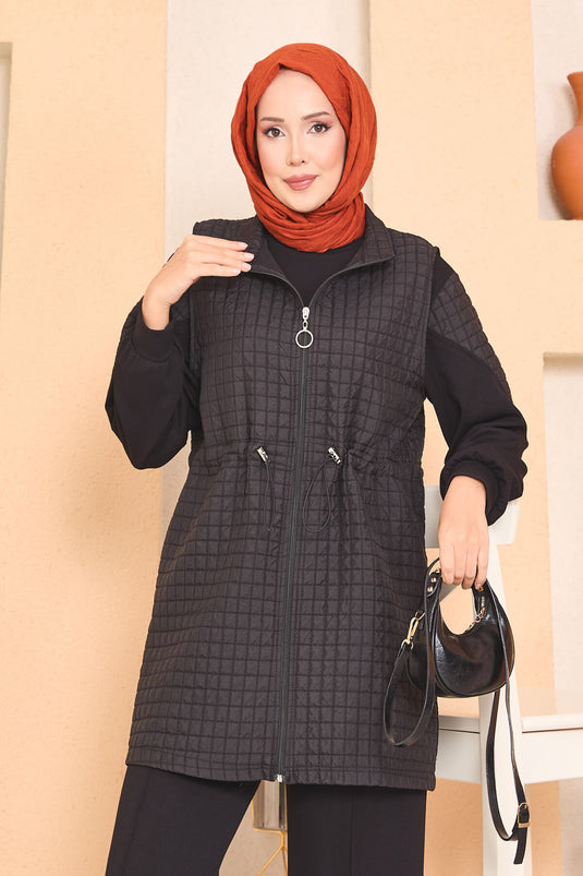 Adjustable Waist Quilted Vest Three-Piece Hijab Set Black