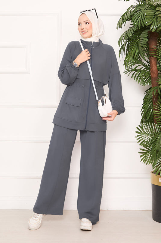 Beli Ayarlanabilir Cep Detaylı Tesettür İkili Takım Antrasit