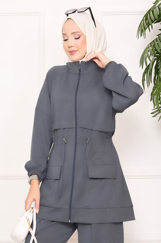 Beli Ayarlanabilir Cep Detaylı Tesettür İkili Takım Antrasit