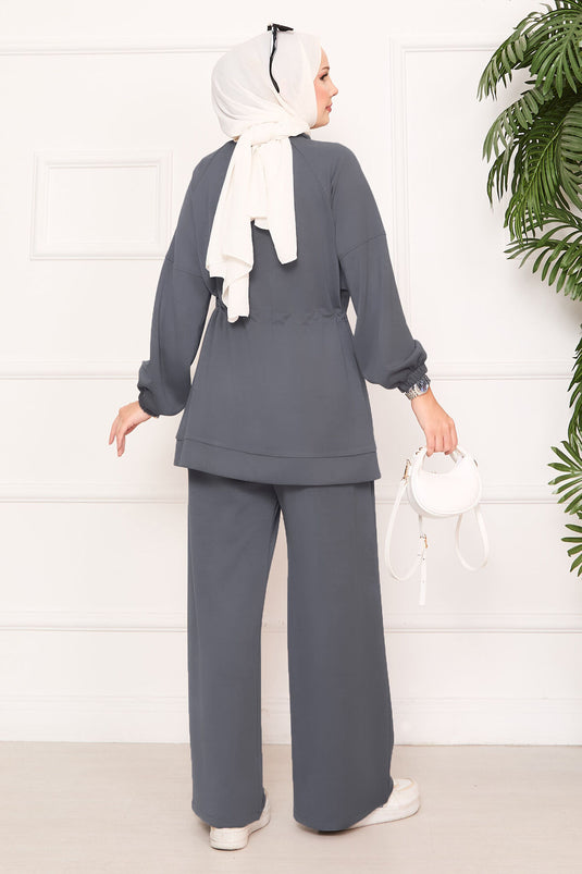 Beli Ayarlanabilir Cep Detaylı Tesettür İkili Takım Antrasit
